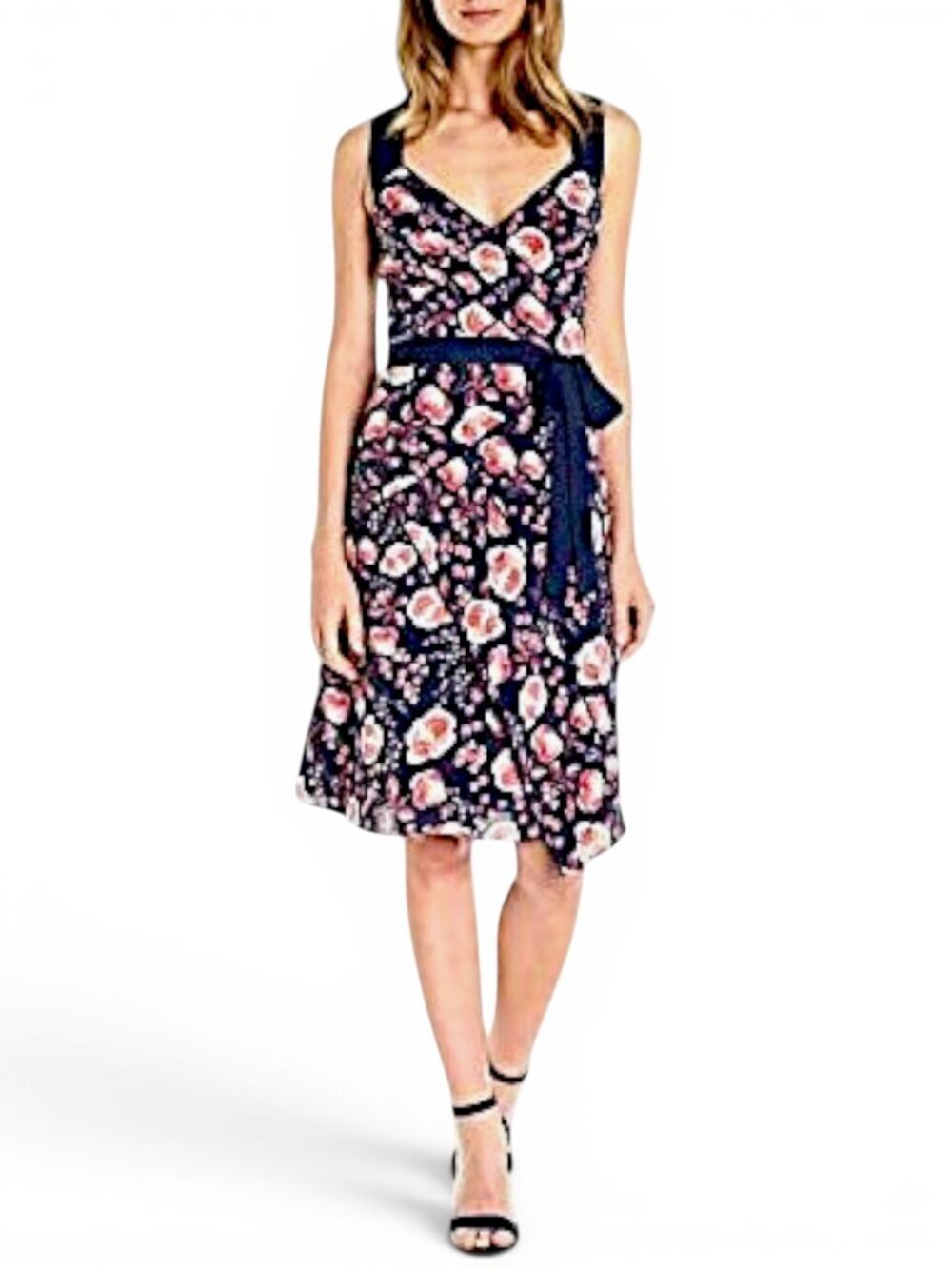 Adrianna Papell Navy Coral Floral Printed Pleated Fit and Flare Dress NWT New 12